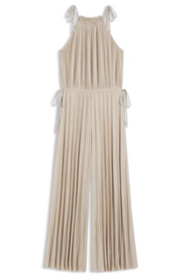 Halterneck jumpsuit in lustrous jersey with pliss&eacute; pleats, Light Beige
