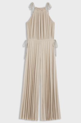 Halterneck jumpsuit in lustrous jersey with pliss&eacute; pleats, Beige