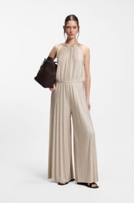Halterneck jumpsuit in lustrous jersey with pliss&eacute; pleats, Light Beige