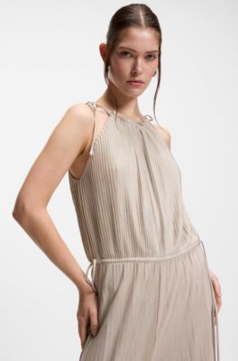 Halterneck jumpsuit in lustrous jersey with pliss&eacute; pleats, Light Beige