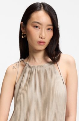 Halterneck jumpsuit in lustrous jersey with pliss&eacute; pleats, Beige