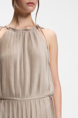 Halterneck jumpsuit in lustrous jersey with pliss&eacute; pleats, Light Beige