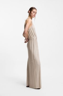 Halterneck jumpsuit in lustrous jersey with pliss&eacute; pleats, Light Beige