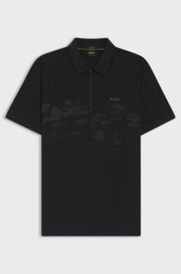 Polo zipp&eacute; en coton m&eacute;lang&eacute; avec des graphismes r&eacute;fl&eacute;chissants, Noir