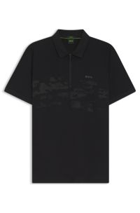 Cotton-blend zipped polo shirt with reflective graphics, Black