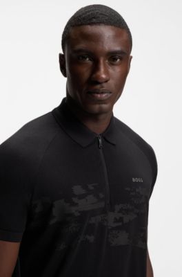 Polo zipp&eacute; en coton m&eacute;lang&eacute; avec des graphismes r&eacute;fl&eacute;chissants, Noir