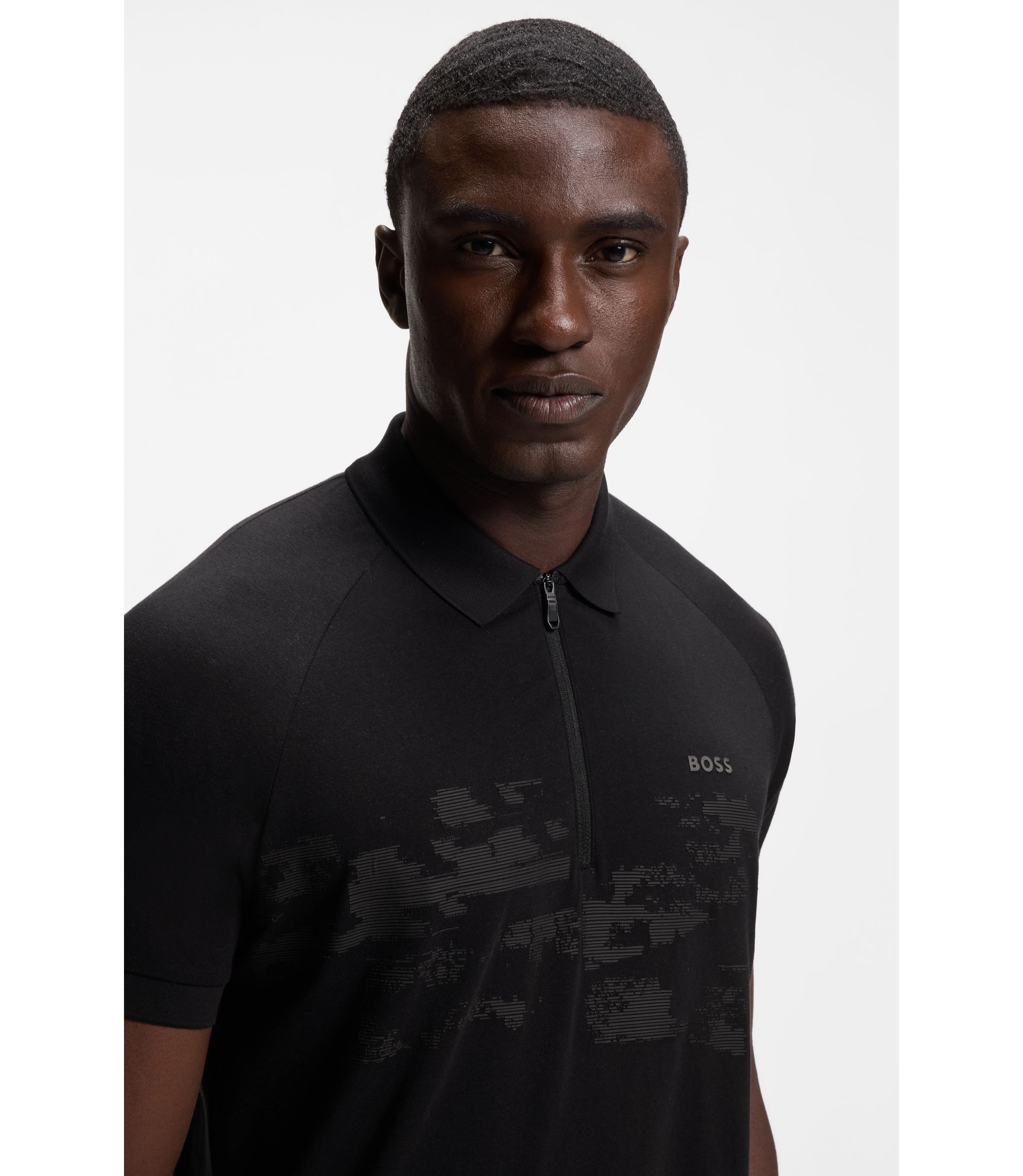 BOSS - Cotton-blend zipped polo shirt with reflective graphics - Black