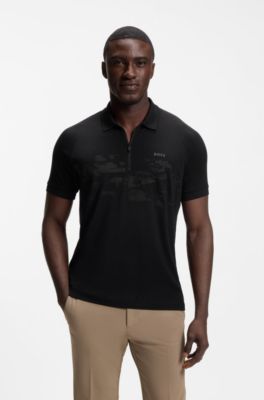 Polo zipp&eacute; en coton m&eacute;lang&eacute; avec des graphismes r&eacute;fl&eacute;chissants, Noir