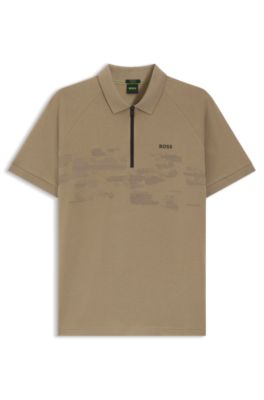 Cotton-blend zipped polo shirt with reflective graphics, Light Brown