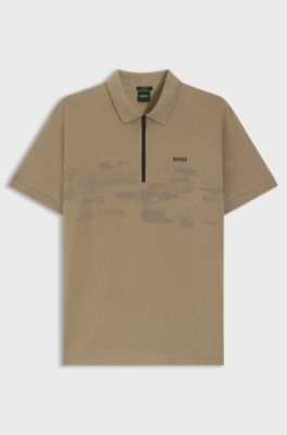 Cotton-blend zipped polo shirt with reflective graphics, Light Brown