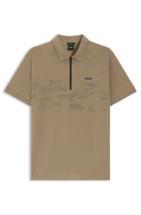 Cotton-blend zipped polo shirt with reflective graphics, Light Brown