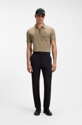 Cotton-blend zipped polo shirt with reflective graphics, Light Brown