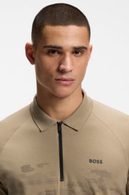Cotton-blend zipped polo shirt with reflective graphics, Light Brown