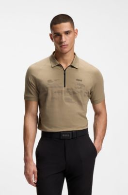 Cotton-blend zipped polo shirt with reflective graphics, Light Brown