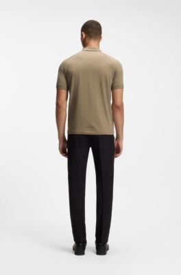 Cotton-blend zipped polo shirt with reflective graphics, Light Brown
