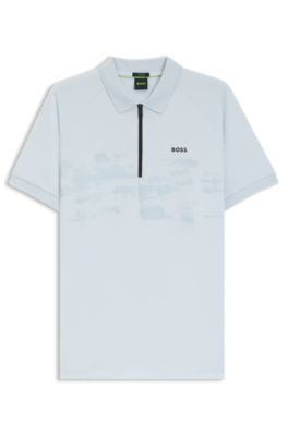 Cotton-blend zipped polo shirt with reflective graphics, Light Blue