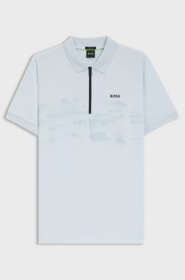 Cotton-blend zipped polo shirt with reflective graphics, Light Blue