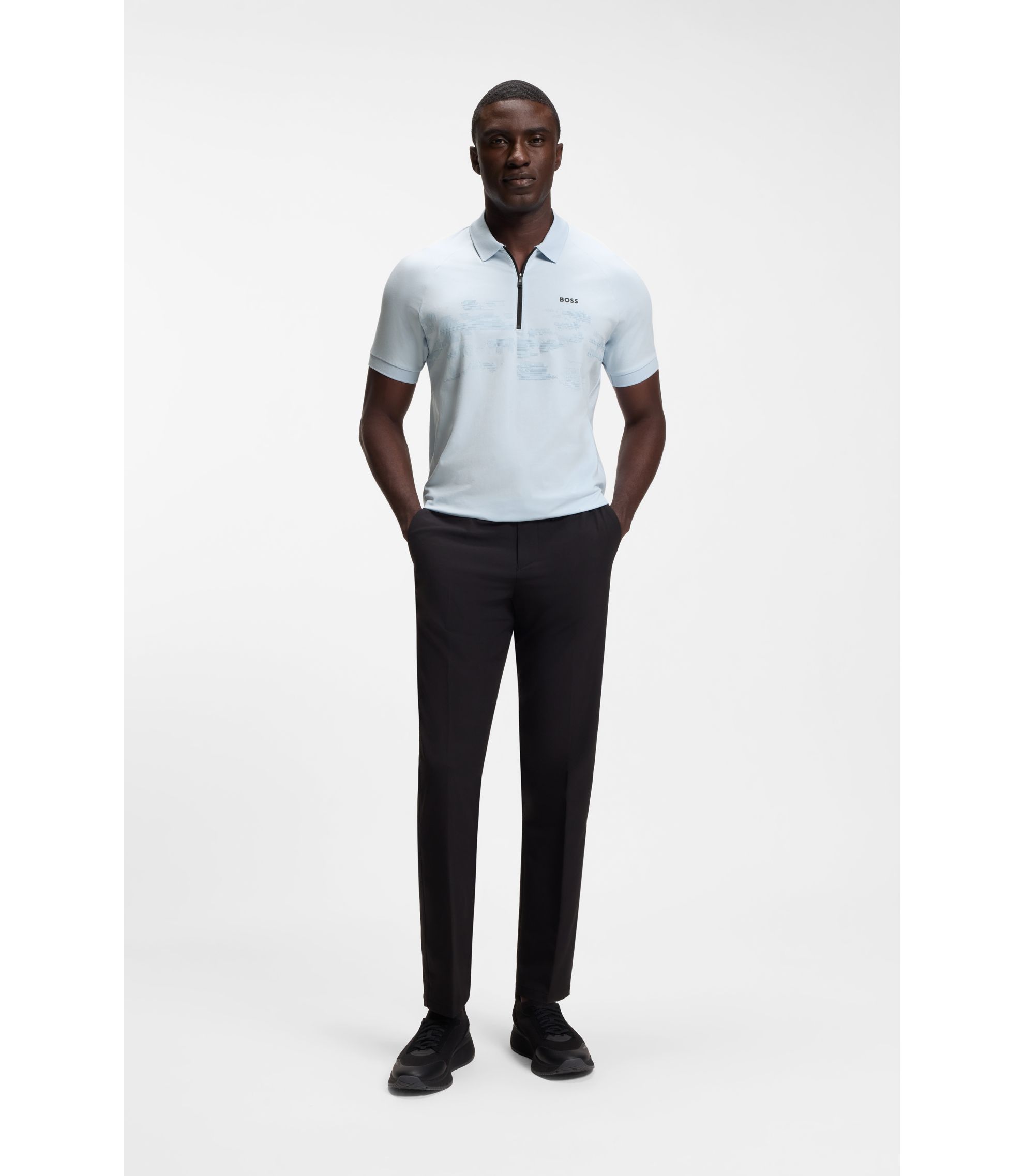HUGO BOSS 未使用　メンズ　ジップアップ　ポロシャツ　L BOSS - コットンブレンド ジップポロシャツ リフレクターグラフィック