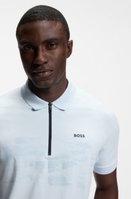 Cotton-blend zipped polo shirt with reflective graphics, Light Blue