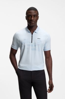Cotton-blend zipped polo shirt with reflective graphics, Light Blue