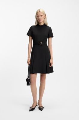 Box-pleat dress with mock neck, Black