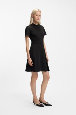 Box-pleat dress with mock neck, Black
