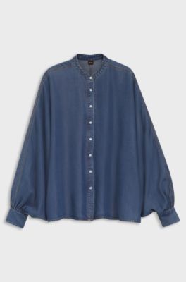 Camicetta relaxed fit effetto denim con maniche a kimono, Blu