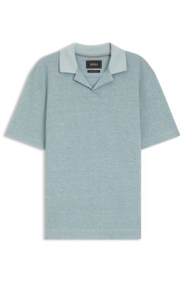 Johnny-collar polo shirt in cotton, linen and silk, Light Blue