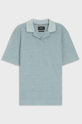 Johnny-collar polo shirt in cotton, linen and silk, Light Blue