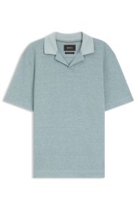 Johnny-collar polo shirt in cotton, linen and silk, Light Blue