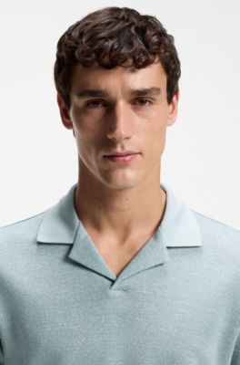Poloshirt mit Johnny-Kragen aus Baumwolle, Leinen und Seide, Hellblau