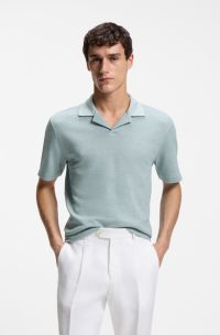 Poloshirt mit Johnny-Kragen aus Baumwolle, Leinen und Seide, Hellblau