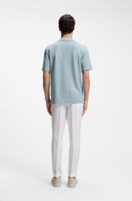 Poloshirt mit Johnny-Kragen aus Baumwolle, Leinen und Seide, Hellblau