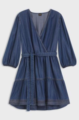 Wickelkleid in Denim-Optik mit Ballon&auml;rmeln, Blau
