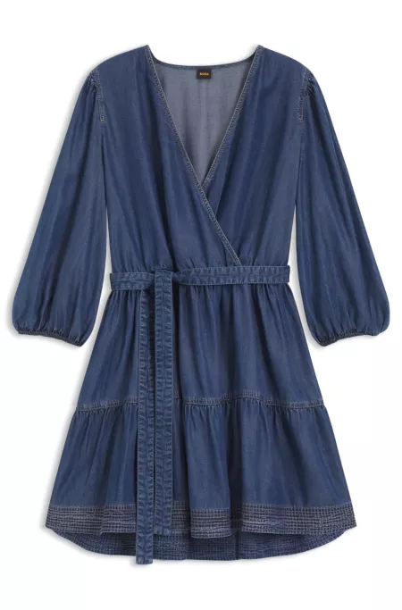 Wrap-front denim-look dress with balloon sleeves