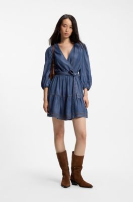 Wrap-front denim-look dress with balloon sleeves, Blue