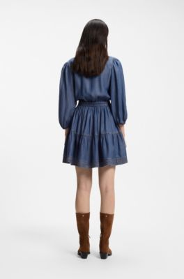 Wrap-front denim-look dress with balloon sleeves, Blue