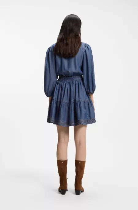 Wrap-front denim-look dress with balloon sleeves