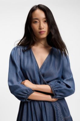 Wrap-front denim-look dress with balloon sleeves, Blue
