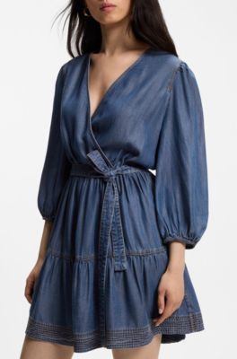Wickelkleid in Denim-Optik mit Ballon&auml;rmeln, Blau