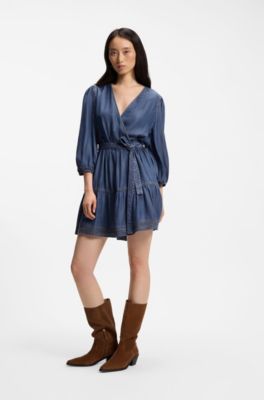 Wickelkleid in Denim-Optik mit Ballon&auml;rmeln, Blau