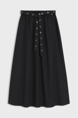 Maxi skirt in cotton poplin with eyelet belt, Black