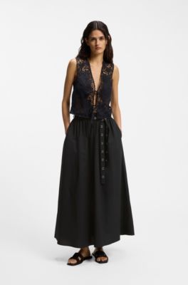 Maxi skirt in cotton poplin with eyelet belt, Black