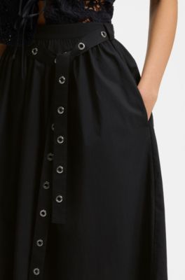 Maxi skirt in cotton poplin with eyelet belt, Black