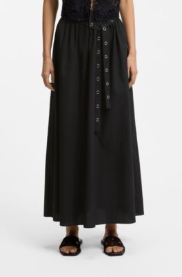 Maxi skirt in cotton poplin with eyelet belt, Black