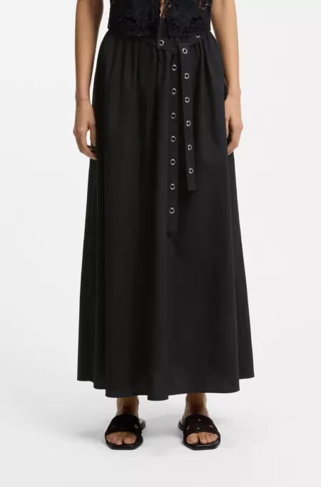 Maxi skirt in cotton poplin with eyelet belt