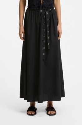 Maxi skirt in cotton poplin with eyelet belt