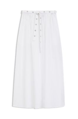 Maxi skirt in cotton poplin with eyelet belt, White