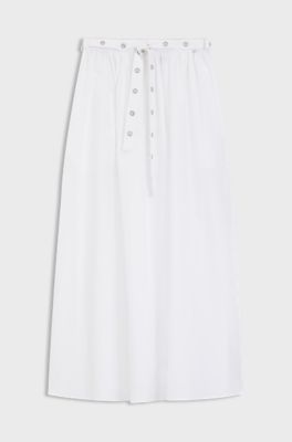 Maxi skirt in cotton poplin with eyelet belt, White