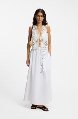 Maxi skirt in cotton poplin with eyelet belt, White